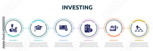 investing concept infographic design template. included accredited, mortarboard, no credit card, real time strategy, law book, ingot icons and 6 option or steps.