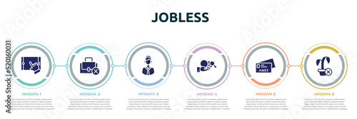 jobless concept infographic design template. included touch screen, unemployed, telemarketer, corruption, , ungrowth icons and 6 option or steps.