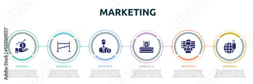 marketing concept infographic design template. included stock market, police, backer, judge chair, suspect, trademark icons and 6 option or steps.
