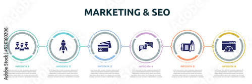 marketing & seo concept infographic design template. included intuitive, launching, card payment, good communication, check book, speed test icons and 6 option or steps.
