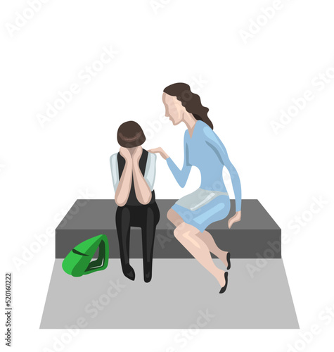 Child is crying and mother tries to comfort him. Boy came back from school stressted and upset.