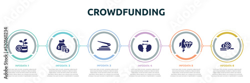 crowdfunding concept infographic design template. included invest, fund, puncher, empathy, brilliant, film strip icons and 6 option or steps.