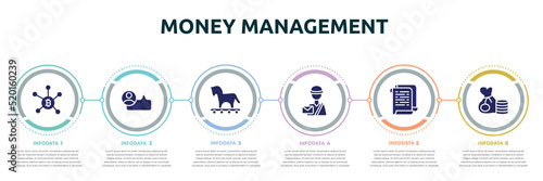 money management concept infographic design template. included node, viral marketing, trojan, mailman, white paper, rich icons and 6 option or steps.