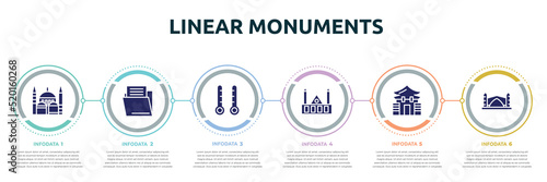 linear monuments concept infographic design template. included blue mosque, file folder, thermometers, chartres cathedral, memorial hall, stari most icons and 6 option or steps.