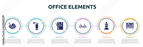 office elements concept infographic design template. included spicy food, extinguishing, padnote, zakim bridge, auspicious light pagoda, bookshelves icons and 6 option or steps.