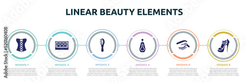 linear beauty elements concept infographic design template. included women cor, eye shadow pallette, inc, big perfume bottle, eye shadow makeup, high heel icons and 6 option or steps.
