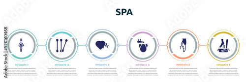 spa concept infographic design template. included wrist watch, cotton buds, hearts, hair transplant, lifting, soak icons and 6 option or steps.