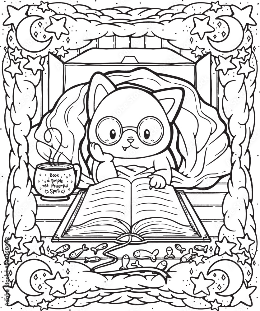 Cozy Cat in A Blanket with Book Line Art Illustration For Coloring Page