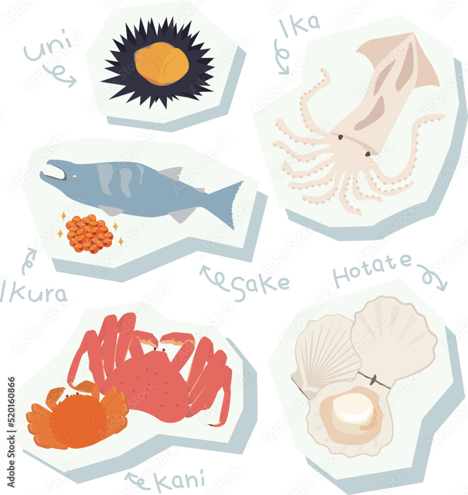 Naklejka premium 北海道で採れる名産品（魚介類）のイラストセット