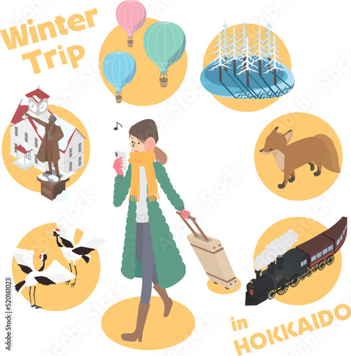 冬の北海道旅行を楽しむ女性のアイソメイラスト