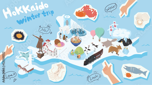 冬の北海道のグルメや観光をまとめたアイソメイラスト