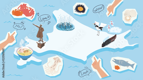 冬の北海道のグルメをまとめたアイソメイラスト