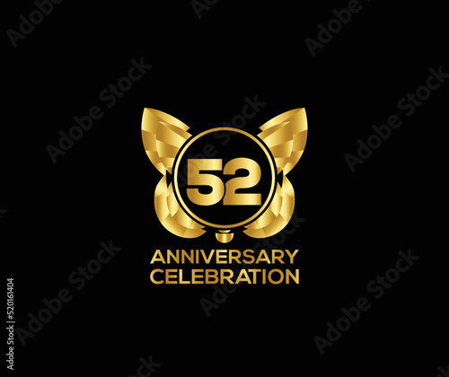 52th anniversary celebration day with gold color Light bright modern logo Design element photo