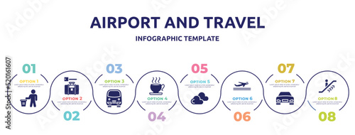 airport and travel concept infographic design template. included use bin, left luggage, bus service, teacup, two clouds with different size, departures, front car, upwards or icons and 8 option or