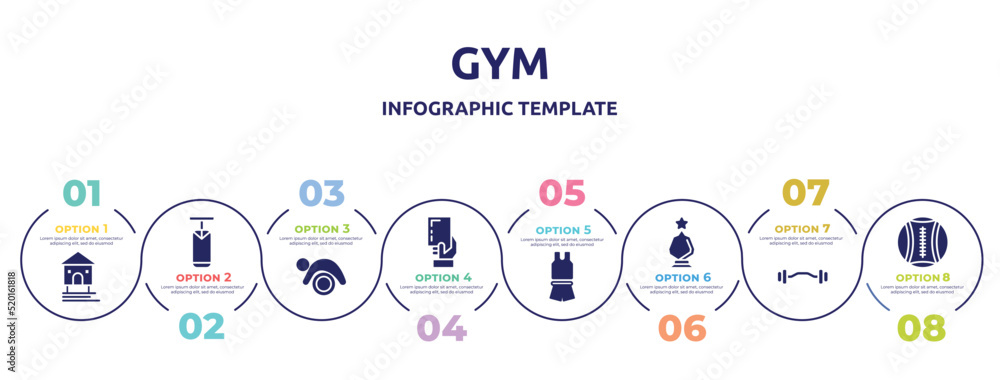 gym concept infographic design template. included stilt house, boxing bag, pilates, yellow card, sport wear, glass award, ez bar, medicine ball icons and 8 option or steps. gym concept infographic design template. included stilt house, boxing bag, pilates, yellow card, sport wear, glass award, ez bar, medicine ball icons and 8 option or steps.