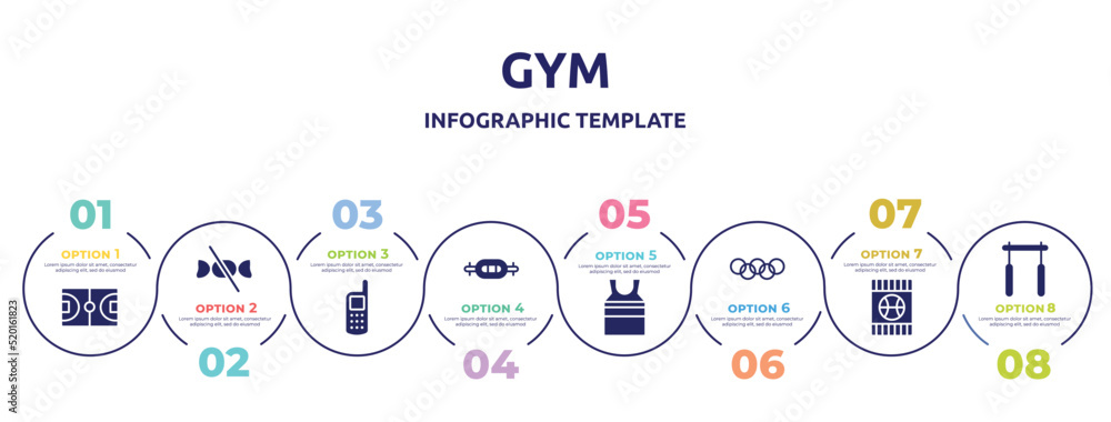 gym concept infographic design template. included basketball field, no sweets, variometer, swiss bar, tanktop, rings, blue card, horizontal bar icons and 8 option or steps.