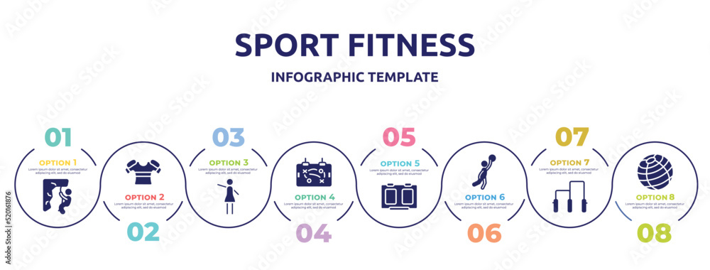 sport fitness concept infographic design template. included abseiling, armour, hostess, tactic, score board, team player, gym bars, fitness ball icons and 8 option or steps. sport fitness concept infographic design template. included abseiling, armour, hostess, tactic, score board, team player, gym bars, fitness ball icons and 8 option or steps.