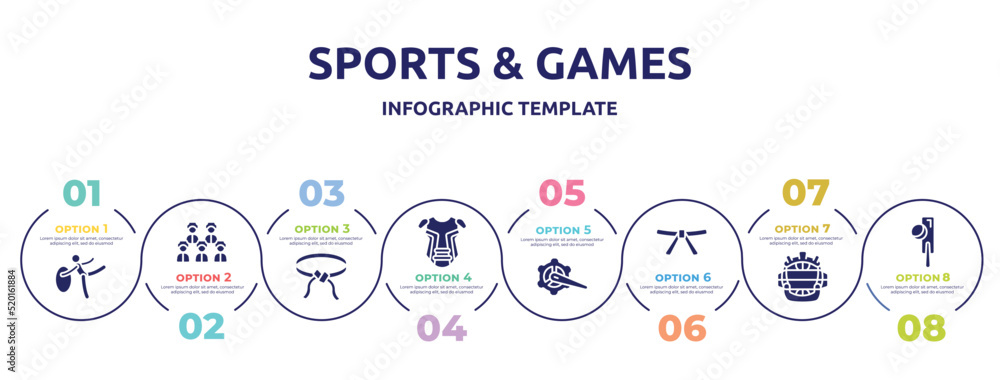 Fototapeta premium sports & games concept infographic design template. included rhythmic gymnastics, baseball team, belts, chest guard, crank arm, black belt, catcher mask, crocket icons and 8 option or steps.