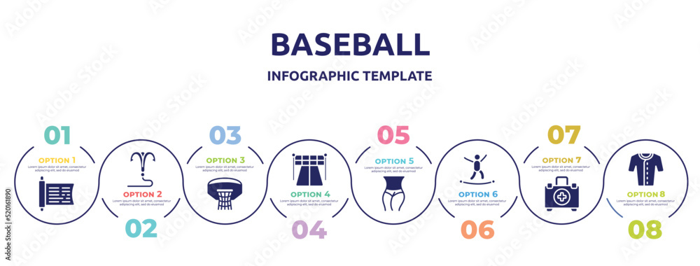 baseball concept infographic design template. included sacred scriptures, grappling hook, basketball hoop, starting point, slim body, highlining, emergencies, baseball jersey icons and 8 option or