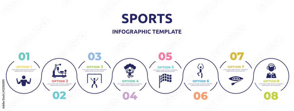 sports concept infographic design template. included bodybuilder, gym station, goalie, skydiving, race flag, yoga pose, canoeing, sport commentor icons and 8 option or steps.