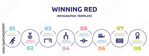 winning red concept infographic design template. included paralympics, second place, football goal, bicycle fork, electric unicycle, fishing boat, ice court, first place icons and 8 option or steps.