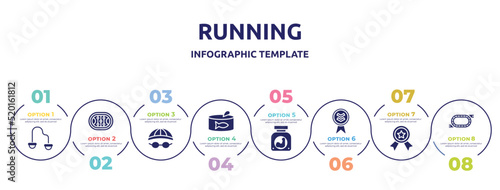 running concept infographic design template. included resistance band, hockey arena, swimming hat, tuna can, protein powder, down indicator, first prize, race track icons and 8 option or steps.