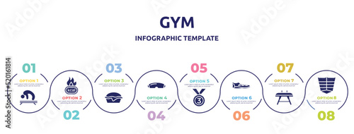 gym concept infographic design template. included gymnastics, calories, pies, goggle, bronze, soccer boots, vaulting horse, abs icons and 8 option or steps.