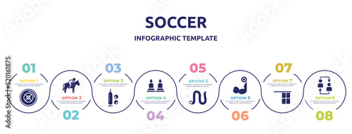 soccer concept infographic design template. included weight plates, horse riding, doping, munition, earthworm, biceps curl, offside, substitution icons and 8 option or steps.