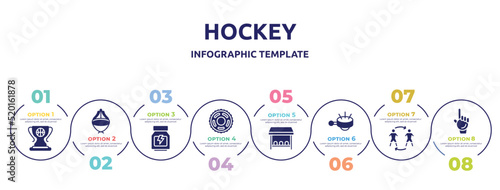 hockey concept infographic design template. included champ, asian hat, whey protein, sprocket, team bench, ringer, substitute, foam hand icons and 8 option or steps.