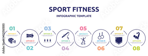sport fitness concept infographic design template. included hockey helmet, stem, football team, fishing, powerbocking, gymnastic rings, home plate, muscular icons and 8 option or steps.