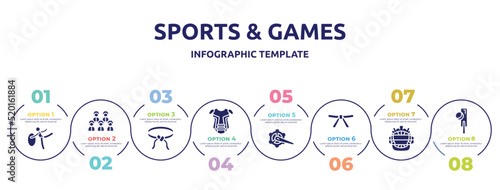 sports & games concept infographic design template. included rhythmic gymnastics, baseball team, belts, chest guard, crank arm, black belt, catcher mask, crocket icons and 8 option or steps.