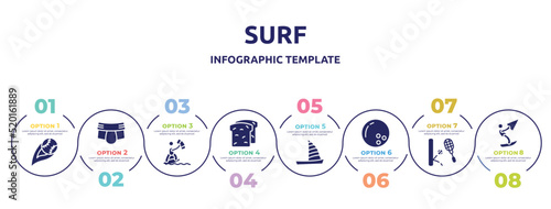 surf concept infographic design template. included strike, jockstrap, kitesurfing, whole wheat bread, catamaran, bowling ball, squash, kitesurf icons and 8 option or steps.