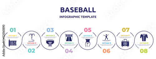 baseball concept infographic design template. included sacred scriptures, grappling hook, basketball hoop, starting point, slim body, highlining, emergencies, baseball jersey icons and 8 option or