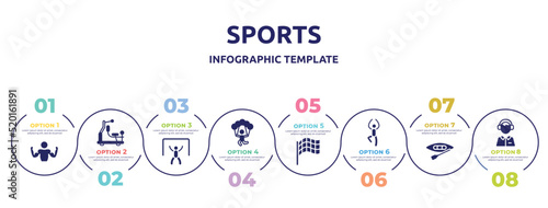 sports concept infographic design template. included bodybuilder, gym station, goalie, skydiving, race flag, yoga pose, canoeing, sport commentor icons and 8 option or steps.