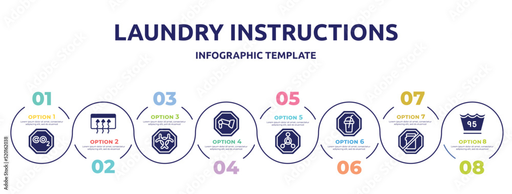 laundry instructions concept infographic design template. included co2, rear window defrost, biological hazard, camera, radioactive warning, milk shake, no mobile phone, 95 degrees icons and 8 laundry instructions concept infographic design template. included co2, rear window defrost, biological hazard, camera, radioactive warning, milk shake, no mobile phone, 95 degrees icons and 8