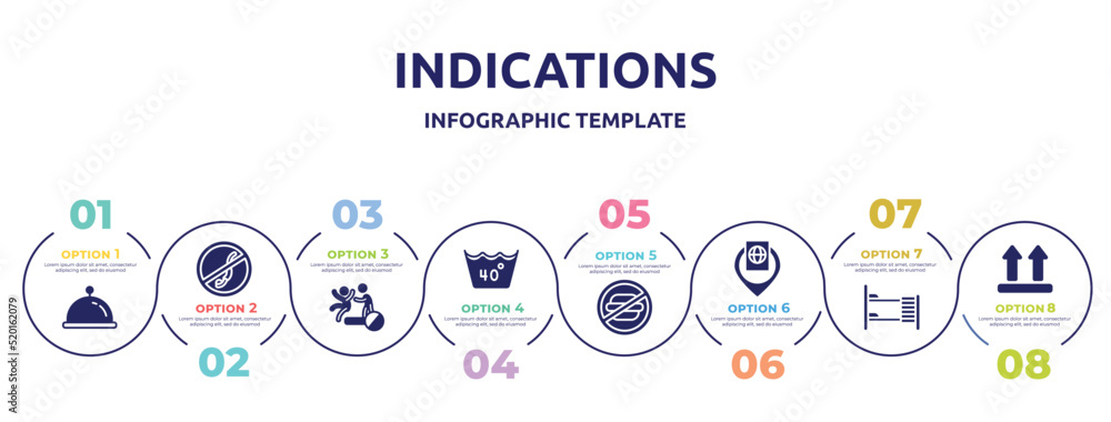 indications concept infographic design template. included tray with cover, no diving, no pushing, 40 degree laundry, not allowed snacks, inmigration check point, dormitory, lift icons and 8 option