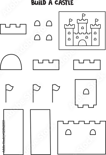 Build a castle. Cut and glue parts of picture. Black and white worksheet.