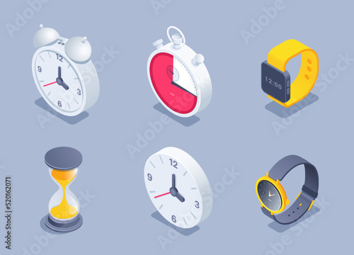 isometric vector illustration on a gray background, a set consisting of an alarm clock with a clock and a stopwatch with an hourglass, a device for counting time