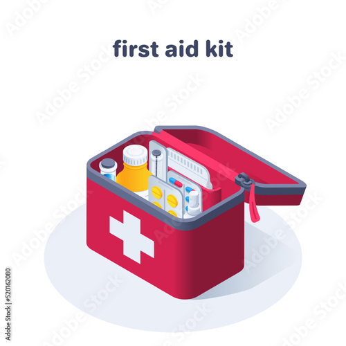 isometric vector illustration isolated on white background, first aid kit icon with medicines