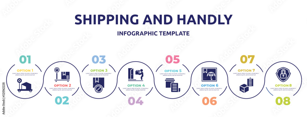 shipping and handly concept infographic design template. included box weight, box on delivery scale, prohibited, on door delivery, delivery invoice, box, clipboard, security icons and 8 option or