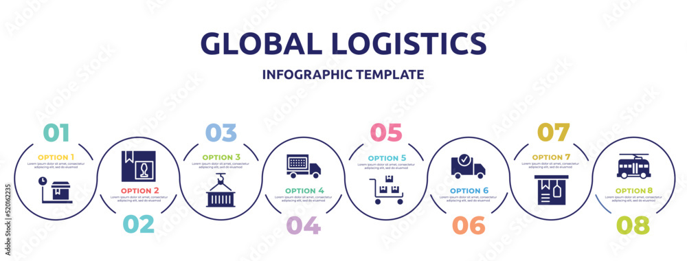 global logistics concept infographic design template. included weighting, fragile pack, use hook, delivery date, package on trolley, delivery check, tagged package, trolleybuses icons and 8 option