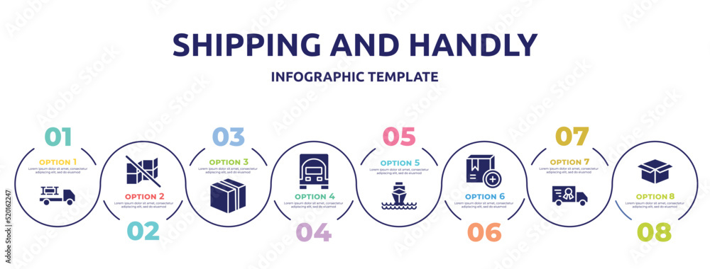 shipping and handly concept infographic design template. included materials logistics, do not stack, closed cardboard box, frontal truck, ocean transportation, add package, charter, package delivery shipping and handly concept infographic design template. included materials logistics, do not stack, closed cardboard box, frontal truck, ocean transportation, add package, charter, package delivery