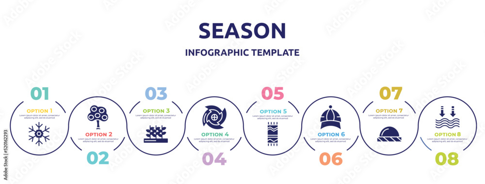 season concept infographic design template. included frost, tree, crops, cyclone, beach towel, baseball cap, beanie, tide icons and 8 option or steps. season concept infographic design template. included frost, tree, crops, cyclone, beach towel, baseball cap, beanie, tide icons and 8 option or steps.
