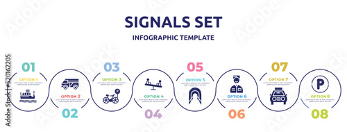 signals set concept infographic design template. included water taxi, minivan taxi, bike parking, children on teeter totter, tunnel, valet, solar taxi, parking hexagonal icons and 8 option or steps.