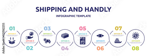shipping and handly concept infographic design template. included delivery packaging box, delivery package, logistics times, cardboard box with packing tape, dispatch note, clamp as indicated, sea