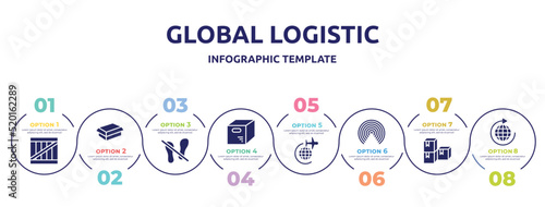 global logistic concept infographic design template. included wooden box, cardboard box without a lid, do not stand on, opened packaged, airplane around earth, airdrop, stack package, distribution