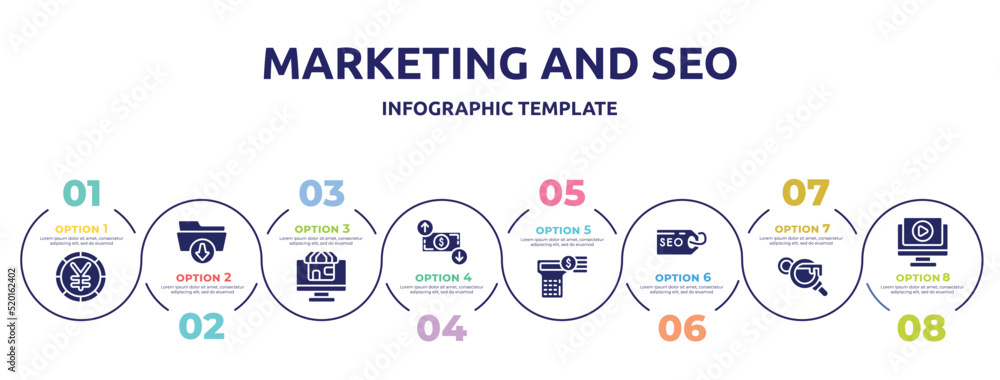marketing and seo concept infographic design template. included yen big coin, download folder, web shop, dollar rates, account balance, seo tags, keyword search, play video icons and 8 option or marketing and seo concept infographic design template. included yen big coin, download folder, web shop, dollar rates, account balance, seo tags, keyword search, play video icons and 8 option or