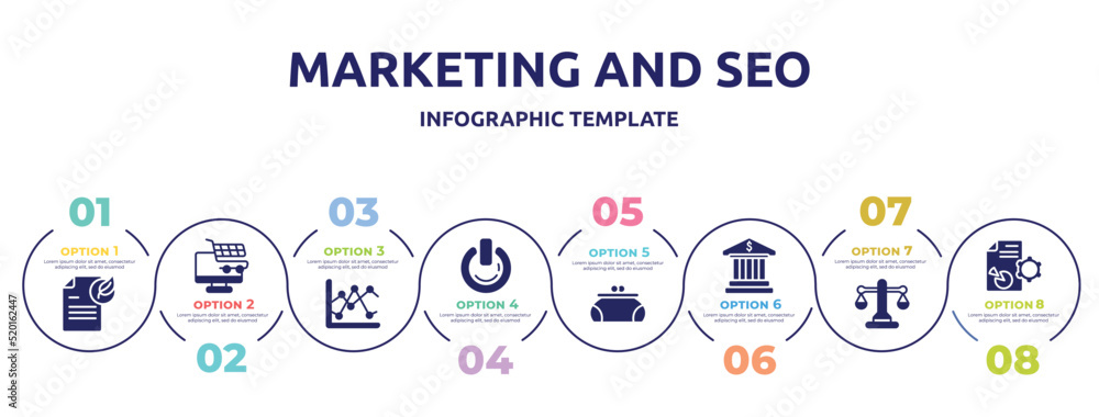 marketing and seo concept infographic design template. included fresh content, e commerce, two, on power, women puser, bank building, justice balance, seo report icons and 8 option or steps. marketing and seo concept infographic design template. included fresh content, e commerce, two, on power, women puser, bank building, justice balance, seo report icons and 8 option or steps.