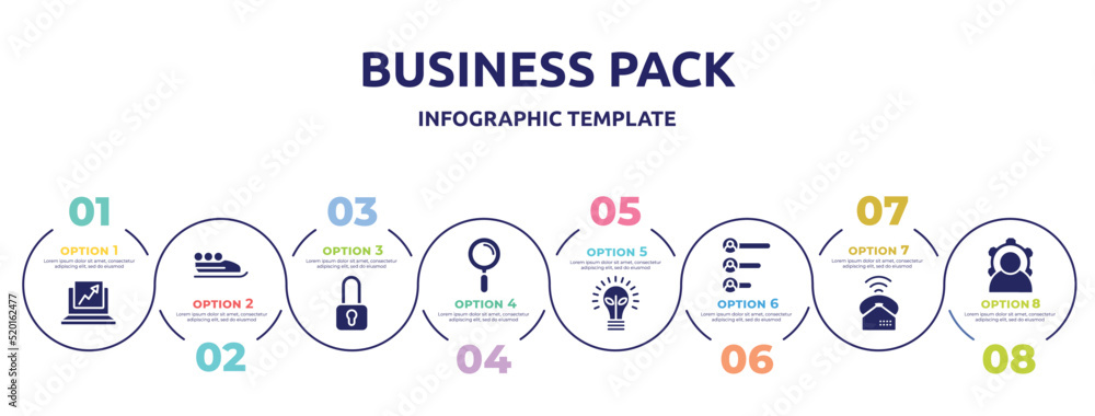 business pack concept infographic design template. included trending, bobsleigh, locked padlock, magnifier tool, ecological lightbulb, voting results, ringing, power icons and 8 option or steps. business pack concept infographic design template. included trending, bobsleigh, locked padlock, magnifier tool, ecological lightbulb, voting results, ringing, power icons and 8 option or steps.