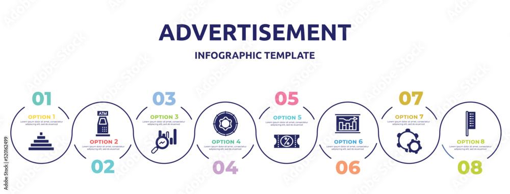 advertisement concept infographic design template. included pymarid stats, atm hine, search stats, function, discount voucher, graphical report, configuration, bow flags icons and 8 option or steps. advertisement concept infographic design template. included pymarid stats, atm hine, search stats, function, discount voucher, graphical report, configuration, bow flags icons and 8 option or steps.